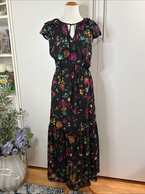 ECI Black Floral Maxi Dress with Pink, Yellow & Teal Accents